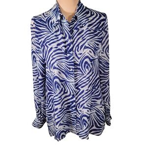 Blue Zebra Silk Blend Blouse XS S Karina Grimaldi Sheer Lined Resort Maximalist